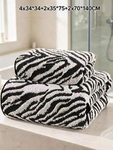 2/6/8PCS Black Zebra Print Towel Set Striped Towel Set Fashionable Coral Fleece Soft Bath Towels For Bath Spa Gym Super Absorbent Bath Sheets - Black - View 9