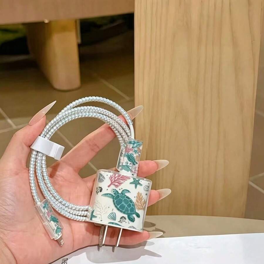 5件組綠色海龜圖案數據線保護套,適用於20W Apple 16 15充電器, 14 13 12快速充電,海洋主題,夏季禮物 - 彩色 - 查看 1