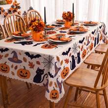 1pc Halloween Pumpkin Bat Spider Web Print Rectangular Tablecloth, Suitable For Holiday, Party, Birthday, Dinner, Restaurant Table Decoration, Halloween Home Autumn/Winter Decor - A - View 3