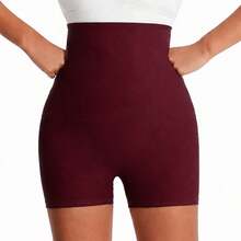 1pc Women's High Waist Sports Shorts, Solid Color Knit Fabric, High Elasticity Material Fall - Burgundy - View 6