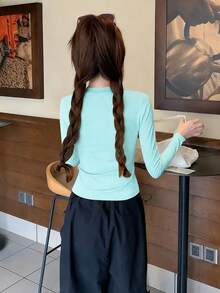 Vintage Portrait Letter Print Design Short Top, Sexy Slim Fit Y2K Square Shoulder Long Sleeve T-Shirt For Women - Mint Green - View 2