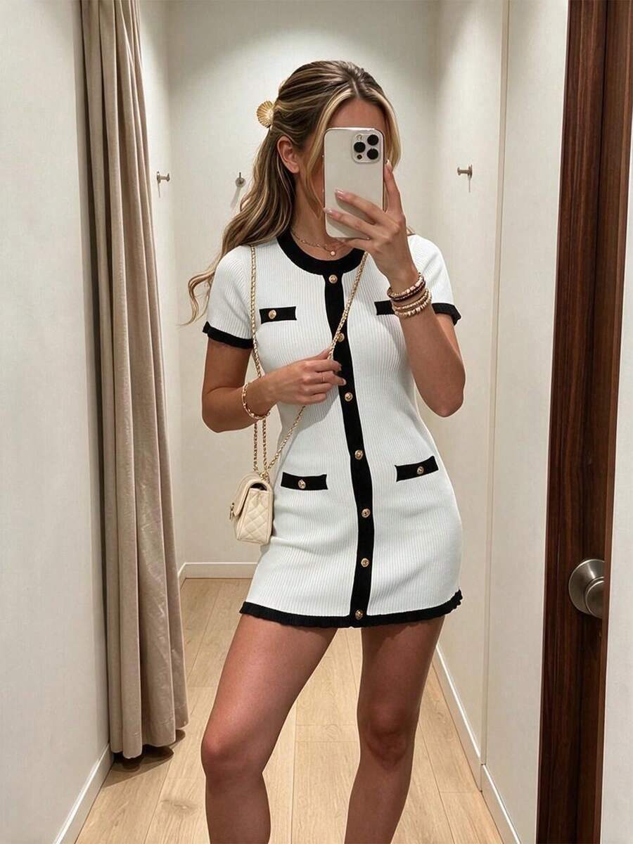Women's New Spring/Summer Elegant Contrast Color Metal Button Dress, Paired With Graceful Ruffle Hem Blazer And Yellow Dress Set White