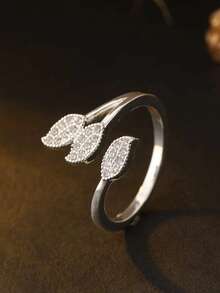 1pc Leaf-Shaped Cubic Zirconia Women's Ring, Silver Open Adjustable Ring, Daily Wear Wedding Ring, Saudi National Day Jewelry - Leaf Ring - View 6