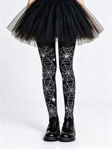 Halloween Kids Spider Web Print Cartoon Pattern Tights, Witch Cosplay Costume Accessory - Black - View 2