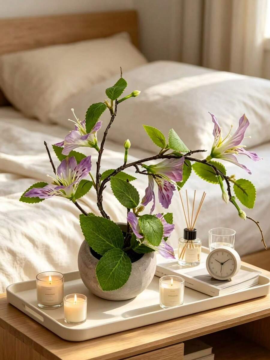 1pc Premium Artificial Clematis Bonsai, Faux Flower Decor, Suitable For Home Bedroom, Aromatherapy Tabletop Arrangement, Living Room Office, Coffee Table Desktop Decoration Display (With Pot) - Mauve Purple - View 1