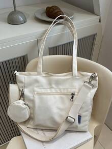 Fashionable New Women's Tote Bag, Solid Color Minimalist School Bag, Large Capacity Homework Bag, Suitable For Work And Class, Versatile And Exquisite - Beige - View 10