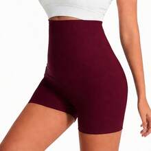 1pc Women's High Waist Sports Shorts, Solid Color Knit Fabric, High Elasticity Material Fall - Burgundy - View 2