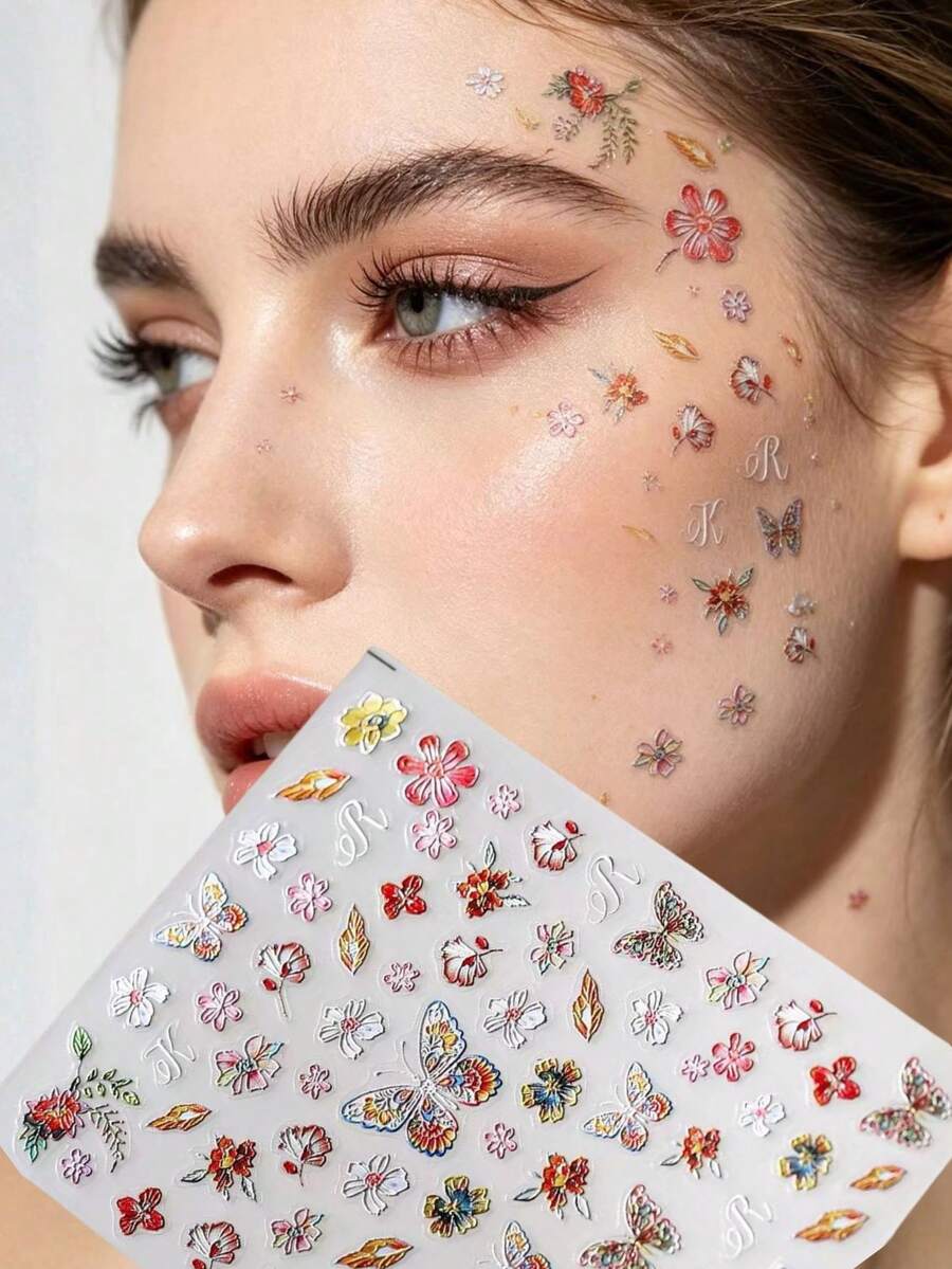 1pc Colorful Butterfly & Flower Face Makeup Sticker, 3D Embossed Floral Leaf Butterfly Letter Pattern, Easy To Apply And Remove, Suitable For Photoshoot, Evening Party Theme Styling, Facial Atmosphere Decoration Sticker - Multicolor - View 1