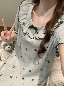1pc Women's Nightgown, Spring/Summer Pullover Bow Print Fashion Short Sleeve Sleep Dress, Comfortable For Home Wear - Grey - View 4