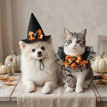 1 Set Halloween Pet Bandana Hat Set, With Bell Collar Triangular Scarf, Suitable For Cats And Dogs, Cute Witch Hat And Drooling Scarf, Adjustable Neck Decor, Holiday Party Photo Props, Pet Clothing Accessories, Cat And Dog Supplies, Pet Supplies - Multicolor - View 1