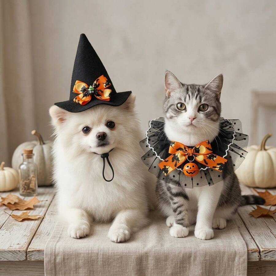 1 Set Halloween Pet Bandana Hat Set, With Bell Collar Triangular Scarf, Suitable For Cats And Dogs, Cute Witch Hat And Drooling Scarf, Adjustable Neck Decor, Holiday Party Photo Props, Pet Clothing Accessories, Cat And Dog Supplies, Pet Supplies - Multicolor - View 1