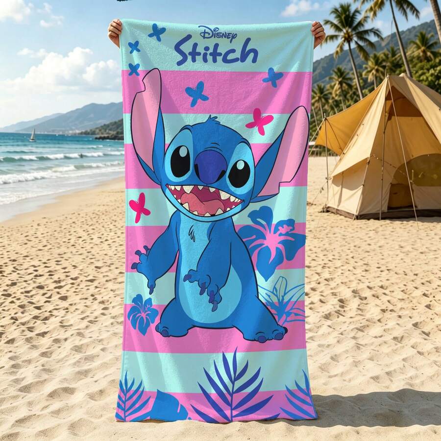 Disney Cartoon Stitch & Angel Beach Towel, Pink Floral Digital Print Microfiber Quick-Dry Bath Towel, Large Towel For Swimming And Beach - Multicolor - View 1