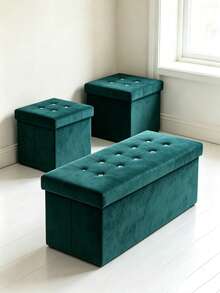 Velvet Folding Storage Ottoman Bench, Foldable Storage Footstool Cube, Button Tufted Footstool Seat Box, Multifunctional Collapsible Storage Chest For Living Room Bedroom Entryway, Space‑Saving Foot Rest Stool With Large Storage Capacity - Dark Green - View 2