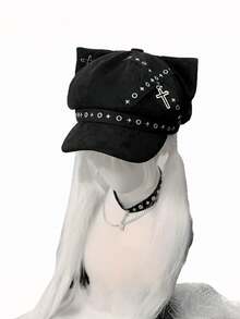 Alternative Gothic Cat Ear Newsboy Cap, Metal Rivet Eyelet Strap With Cross Pendant, Y2K Harajuku Lolita Cosplay Street Style Beret, Women's - Multicolor - View 6