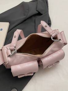 Shoulder Bag With Bow Knot Patch Pocket Decor, Multi-Pocket Layered Storage For Small Items, Zipper Closure, Baguette Underarm Bag For Daily Outings, Dates, Commuting, Travel, Versatile And Personalized Adjustable Strap Crossbody Small Bag - Pink - View 8