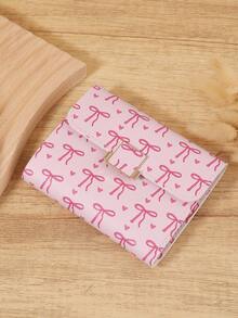Fashionable Women's Bow Printed Short Credit Card Storage Bag, Simple And Casual Multifunctional Card Holder, Three Fold Buckle Women's Wallet - Hot Pink - View 4