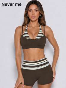 Never me Women's Striped Patchwork Halter Neck Sports Shorts Set, Yoga Pilates Outdoor Jogging Daily Commute Outfit - Brown - View 1