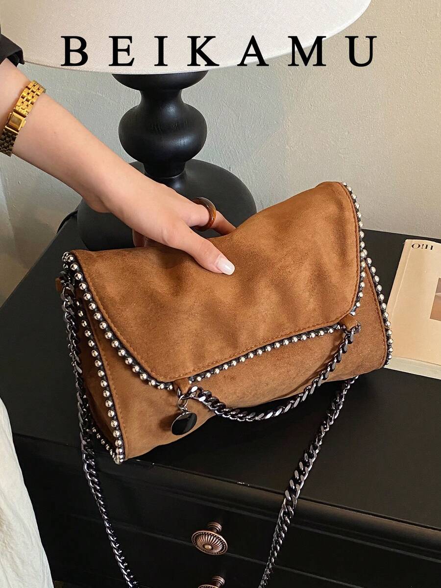 1pc New Fashion Flap Suede Bag, Rivet Chain Women's Shoulder Bag Crossbody Bag, Suitable For University, Commuting, Shopping, Street Shopping, Daily Use. - Brown - View 1