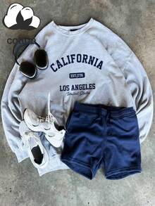 女款 California Los Angeles 字母印花秋冬休閒圓領長袖衛衣上衣 - 淺灰色 - 查看 3
