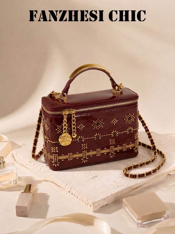 Vintage Royal Style Glossy Box Bag With Metal Floral Pattern, Beaded Decoration, Double Chain Handle Design, Mini Crossbody Bag For Women, Wedding, Date, Party, Atmospheric