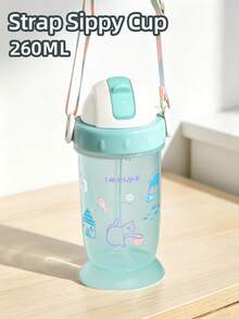 1pc 380ML/260ML Cartoon Children's Straw Cup, Cute Student Water Bottle, PP Anti-Choke Anti-Leak Drop-Resistant With Scale And Strap, Suitable For Daily Use - Baby Blue - View 3