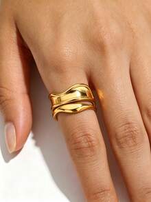 Irregular Geometric Layered Rings For Women Stainless Steel Wave Ring Waterproof Non-Fade Fashion Jewelry Gifts For Christmas,New Year,Daily Wearing - Multicolor - View 3