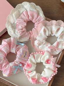 2/6pcs Peach Pink Lace Trim Scrunchies, Pink Sweet Cute Bow Lace Multi-Functional Hair Tie Hair Accessories Set, Peach Pink Lace Trim Scrunchies High Elasticity, Non-Damaging Hair Ties Mori Style Super Fairy Hair Rope Sweet Hair Accessories, Add Atmosphere Decorative Gift First Choice - Multicolor - View 4