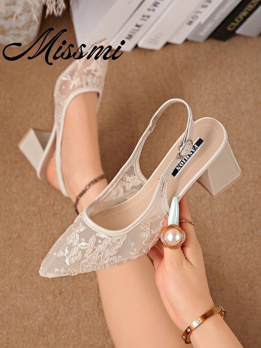 新款女款細高跟鞋 夏季透氣蕾絲網布尖頭包頭涼鞋 法式風格百搭 - 米色 - 查看 1