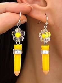 1 Pair Fashionable Minimalist Creative Bow Pencil Pendant Earrings, Suitable For Women's Daily And Vacation Wear - Yellow - View 1