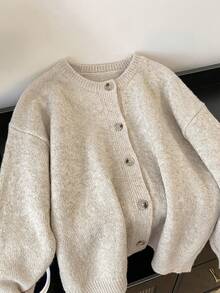 Cardigan Pullover Wanita Kasual Elegan Regular Fit Warna Polos Kancing Tunggal Lengan Panjang Leher Bulat Bahu Jatuh Musim Gugur - Aprikot - View 9