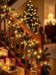 2p/1p Golden Leaf Garland Fairy Lights, Gold Leaf Fairy String Lights,Plastic Freestanding Interior String Lights With Warm White LED Lights, Battery Powered (2 Sections Not Included), For Home Decor, Table Setting, Christmas Table Decoration Lights - Multicolor - View 4