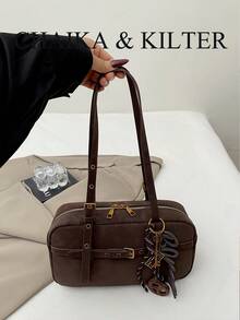 CHAIKA & KILTER 1件裝純色麂皮布料女款復古時尚啞光保齡球包，對比色絎縫線條，雙手柄設計，拉鍊開合，適合日常與街頭使用（附吊飾） - 咖啡 - 查看 5