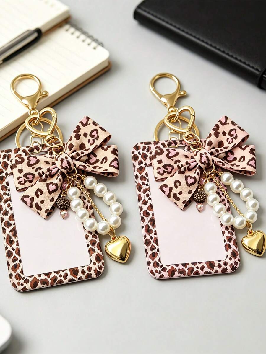 Leopard Print Bow Lanyard, Pearl Heart Keychain Card Holder, Suitable For Women's Office And School Use, Ideal Gift For Back To School Or Back To Work