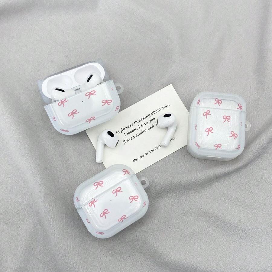 1pc Cute Pink Bow Print Clear Frosted Earphone Case,Soft Silicone Protective Cover With Keychain Hole For AirPods4 1/2/3/Pro - Multicolor - View 1