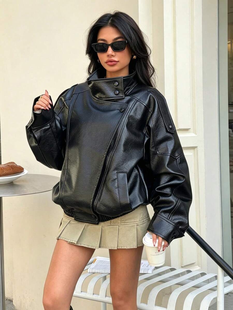 DEEKA Spring/Autumn New Women's Loose Oversized European And American Style Fashion Minimalist Versatile Jacket Faux Leather Coat Black, Quiet Fall - Black - View 1