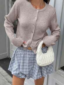 Women's Button Front Ribbed Knit Cardigan, Loose Fit, Round Neck, Long Sleeve, Beige, Elegant Casual Autumn Layering Top - Apricot - View 2