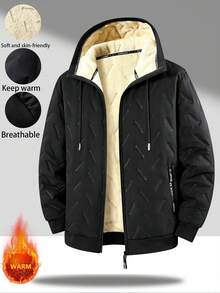 1pc Men's Autumn/Winter Thermal Lined Solid Color Hooded Padded Coat - Black - View 9