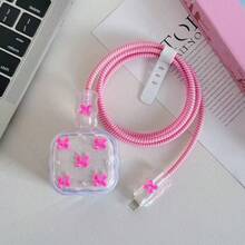 銀色蝴蝶結/櫻桃/花朵圖案 防刮折疊式 數據線保護套，支援 Apple 20W UK 快充充電器 - 玫紅色 - 查看 5
