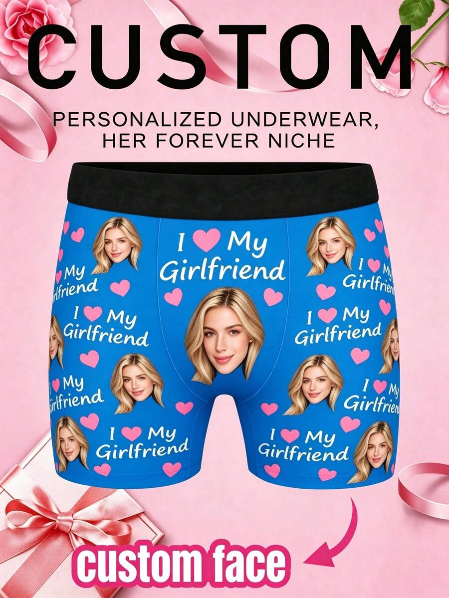 1pc Customized Face Men's Boxer Briefs, Personalized Black Underwear, Valentine's Day Anniversary Gift For Him - Blue - View 1