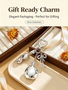 Mirror Keychain Bag Charm,Silver Plated Bow & Rose Pendant Key Ring,Portable Makeup Mirror Key Holder,Y2k Aesthetic Bag Accessories For Women Gift - Multicolor - View 3