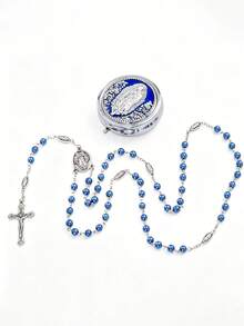 1 Set Rose Bead Necklace And Virgin Mary Cross Stainless Steel Religious Rosary Box, Suitable For Baptism, Wedding Gift, Religious Gift, Coming Of Age Ceremony, Graduation Gift, Catholic Events, Church Donation And Anniversary Gift. - Royal Blue - View 4