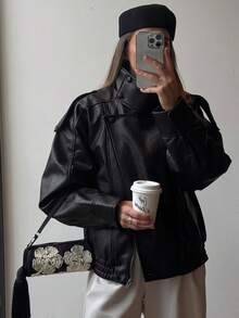 Liorin Autumn/Winter New Women's European And American Style Fashion Minimalist Versatile Lychee Grain Leather Stand Collar Jacket - Black - View 6