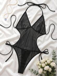 1pc Women's Mesh Drawstring Sexy Lingerie, Mesh Bikini Cover-Up, Transparent Tight Bodysuit, Jumpsuit, Bikini Top - Black - View 9