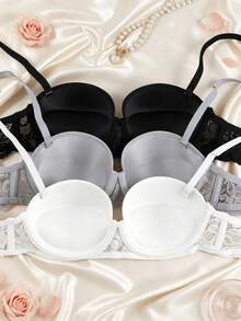 3pcs Women's Multi-Functional Detachable Strap Underwire Bra Set, Floral Lace Side Smooth Balconette Bandeau Bra, Suitable For Party And Wedding - Multicolor - View 2