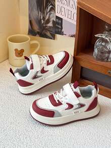 Children's Beige, Burgundy, Grey Colorblock PU Leather Breathable Non-Slip Shock-Absorbing Wide Round Toe Hook And Loop Thick Sole Retro Sneakers, Versatile For Kindergarten And Primary School, Spring And Autumn, Dirt-Resistant And Breathable - Red - View 4