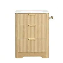 61 Cm Freestanding Vanity Unit In Wood Effect With Ceramic Basin, Storage Drawers, Double-Sided Toilet Roll Holder, Gold Handles, Without Tap - Natural Color - View 6