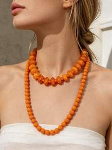 OABE 2pcs/Set Bohemian Style Orange Beaded Necklace Set, Long And Short Layered Necklaces For Women's Daily Wear - Orange - View 1