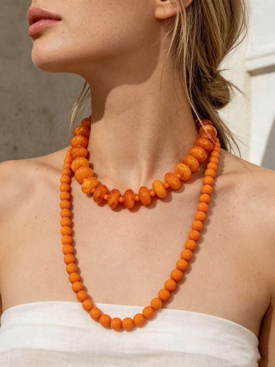 OABE 2pcs/Set Bohemian Style Orange Beaded Necklace Set, Long And Short Layered Necklaces For Women's Daily Wear - Orange - View 1