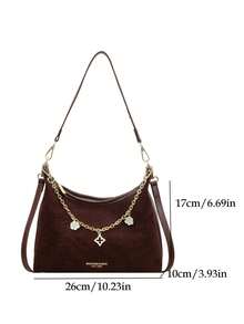 Women's Vintage Suede Texture Bohemian Shoulder Bag, Metal Chain Floral Pendant Decoration, Detachable & Adjustable Strap Crossbody Underarm Handbag - Coffee - View 8