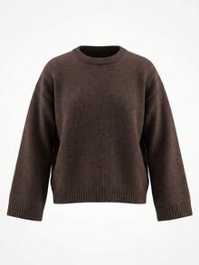 Sweater Rajut Longgar Wanita Warna Cokelat Tua Polos dengan Kerah Bulat dan Bahu Jatuh, Atasan Rajut Minimalis Warna Bumi, Cocok untuk Jalan-jalan di Kampus dan Makan Malam Thanksgiving - Coffee Brown - View 6